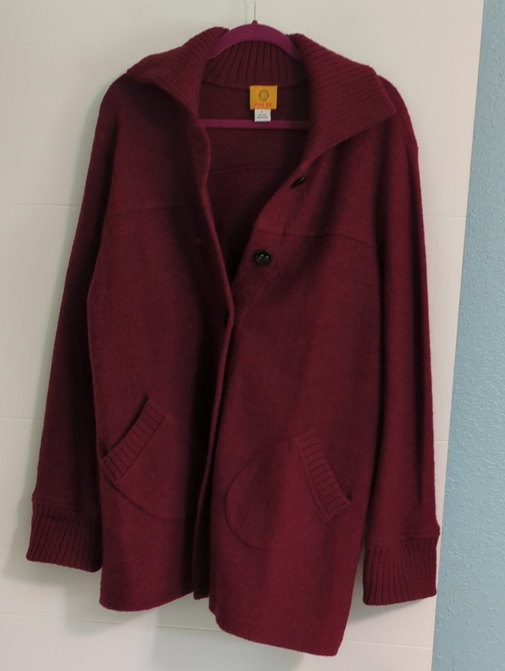 Ruby Rd. Burgundy Wool Knit Outdoor Hooded Pea Coat Sz L Fall Minimalist Boho